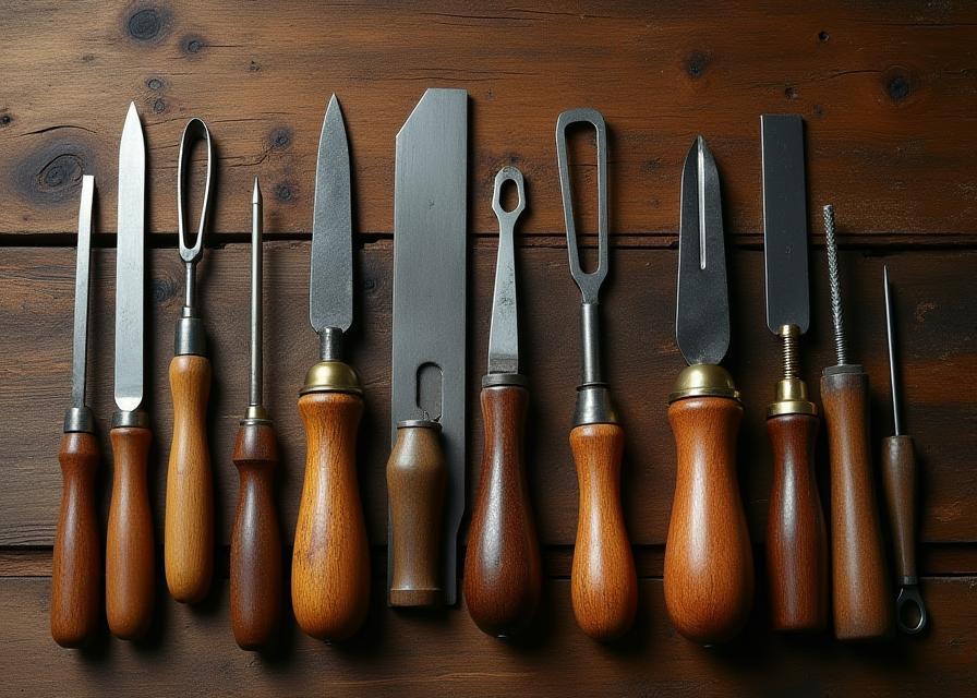 Outils traditionnels de reliure disposés sur un établi.